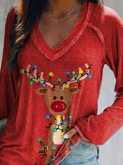 Christmas Printed V Neck Casual Shirts & Tops