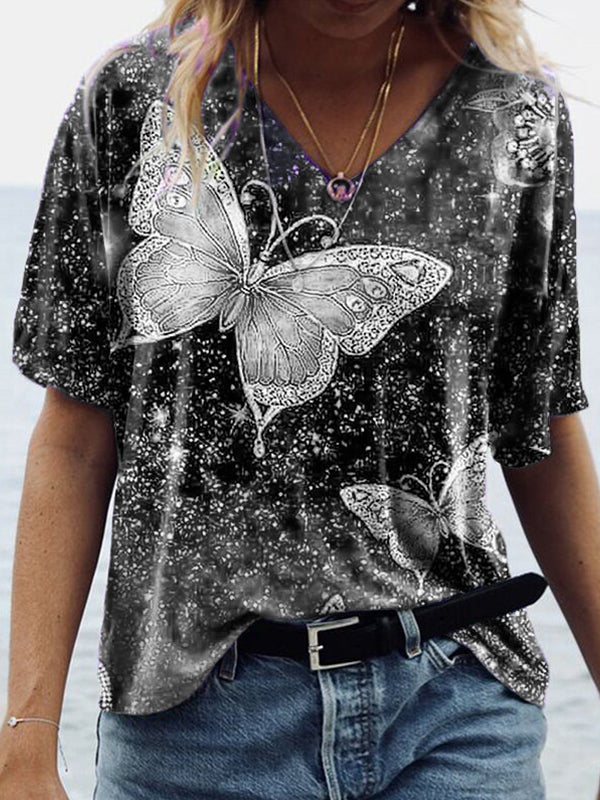 Casual v neck butterfly printed chic women short sleeve T-shirts