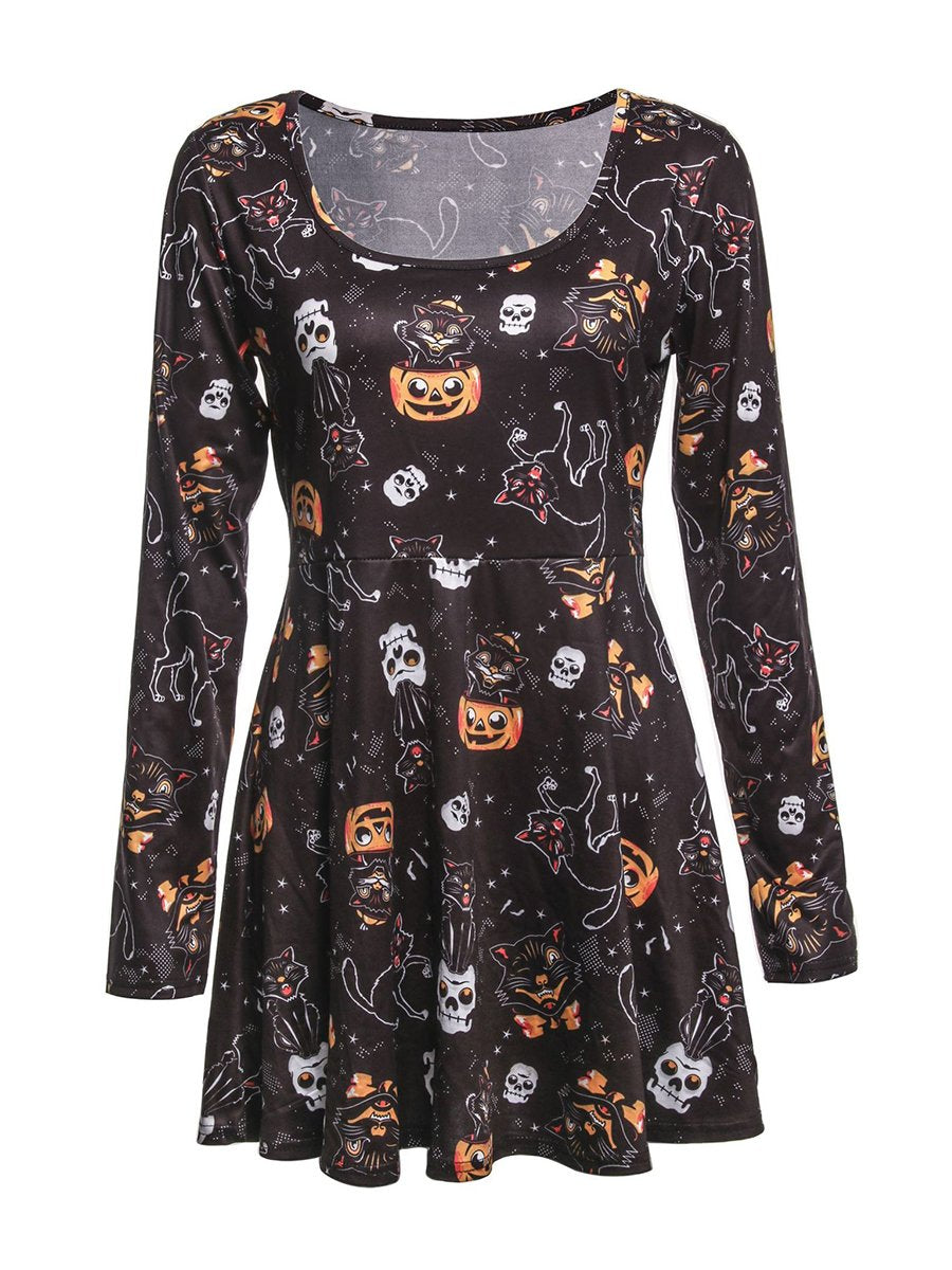 Vampire Sexy Halloween Print Long Sleeve Skater Dress