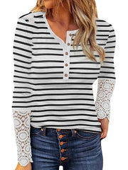 Round neck button design lace sleeve long sleeve T-shirts