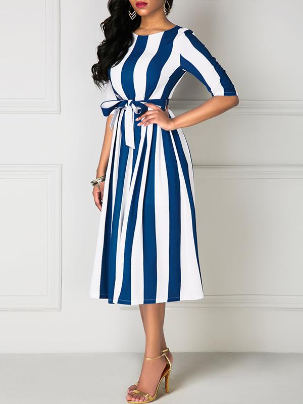 Belted Stripe Print Half Sleeve Skater Dress