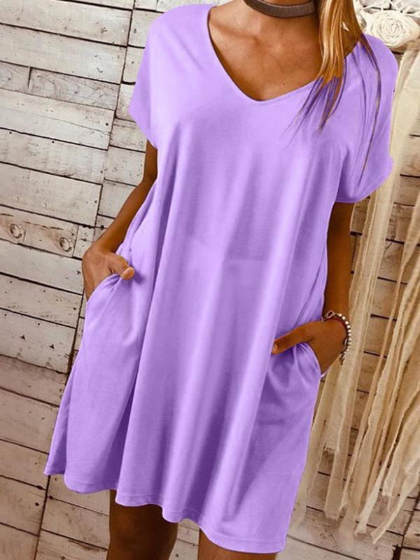 Short sleeved large size solid colour loose shift dresses