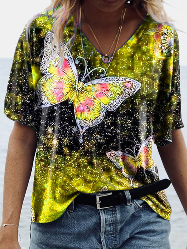 Casual v neck butterfly printed chic women short sleeve T-shirts