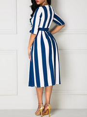 Belted Stripe Print Half Sleeve Skater Dress