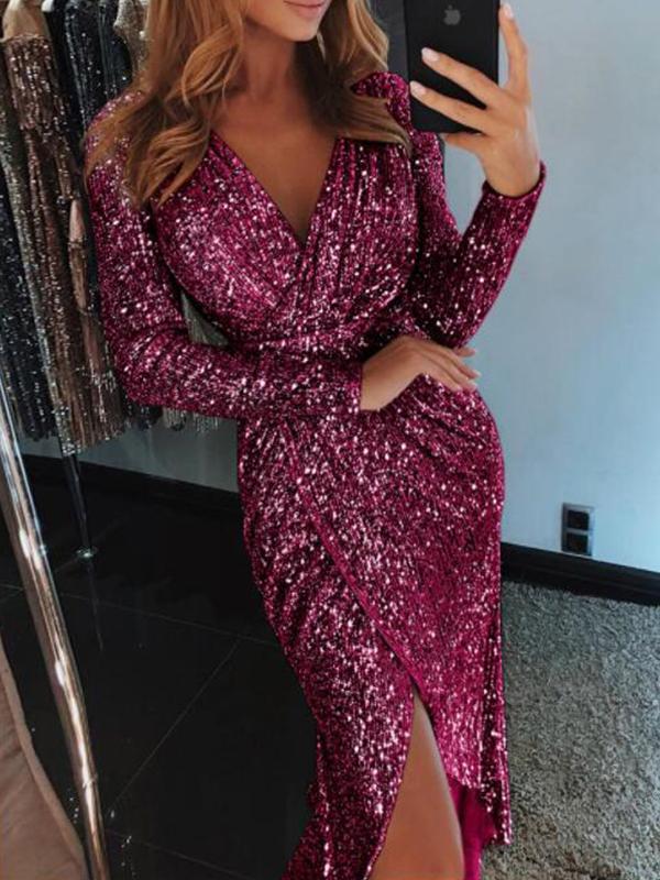 V Neck Sexy Long Sleeve Shine Woman Long Evening Dress