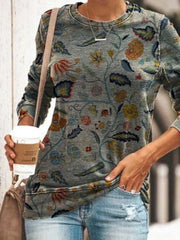 Fashion Retro print Round neck Long sleeve T-Shirts