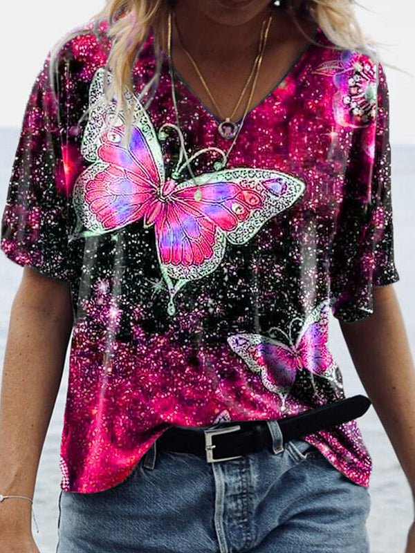 Casual v neck butterfly printed chic women short sleeve T-shirts