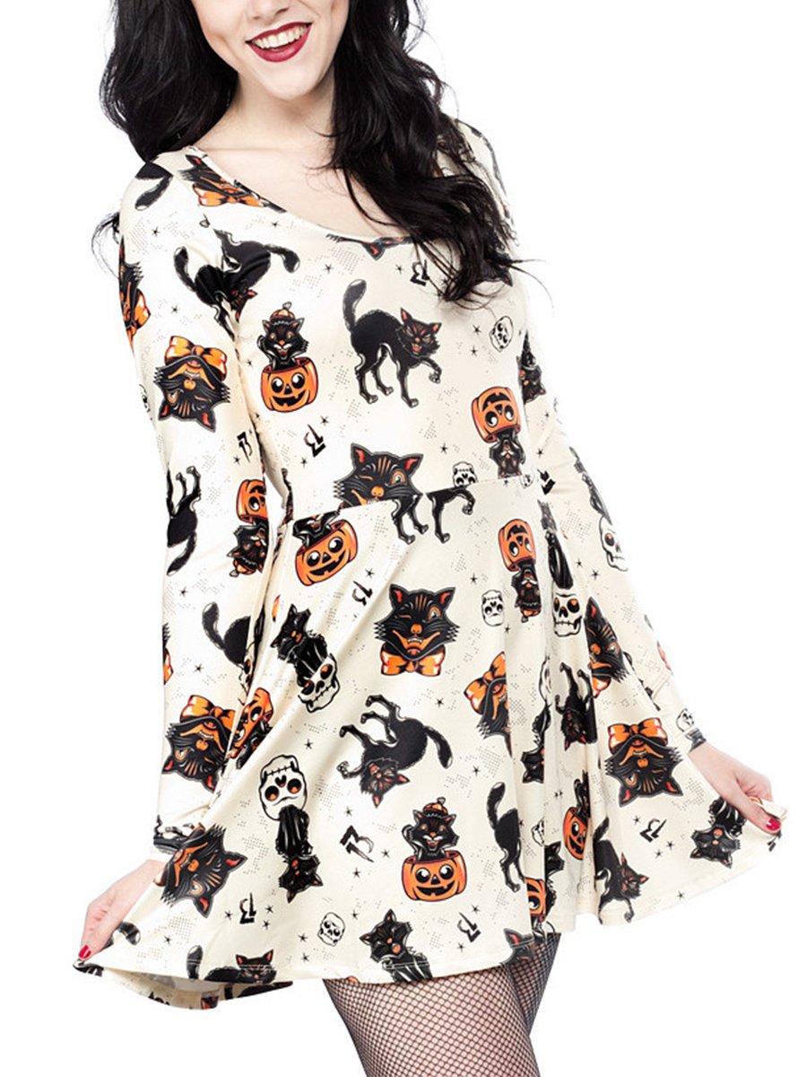 Vampire Sexy Halloween Print Long Sleeve Skater Dress