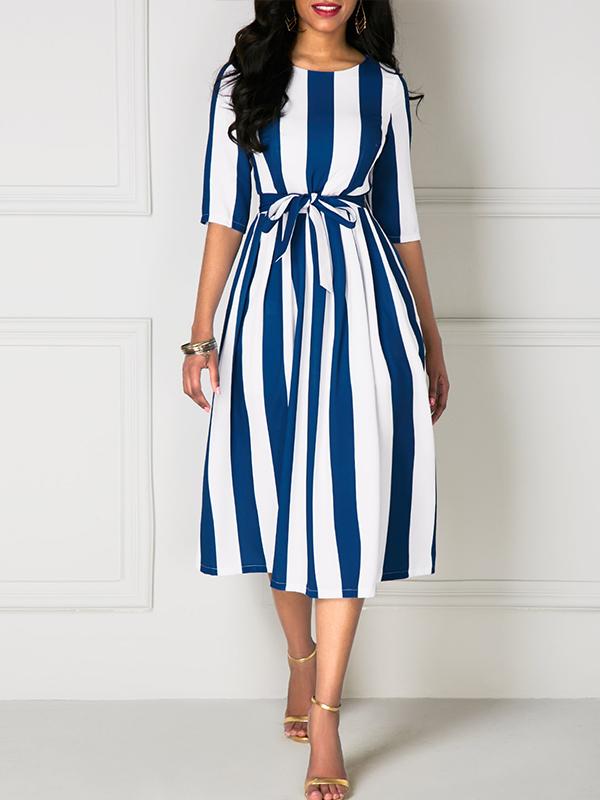 Belted Stripe Print Half Sleeve Skater Dress