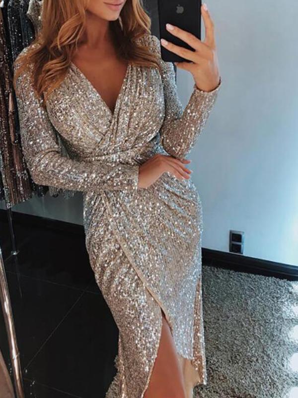 V Neck Sexy Long Sleeve Shine Woman Long Evening Dress