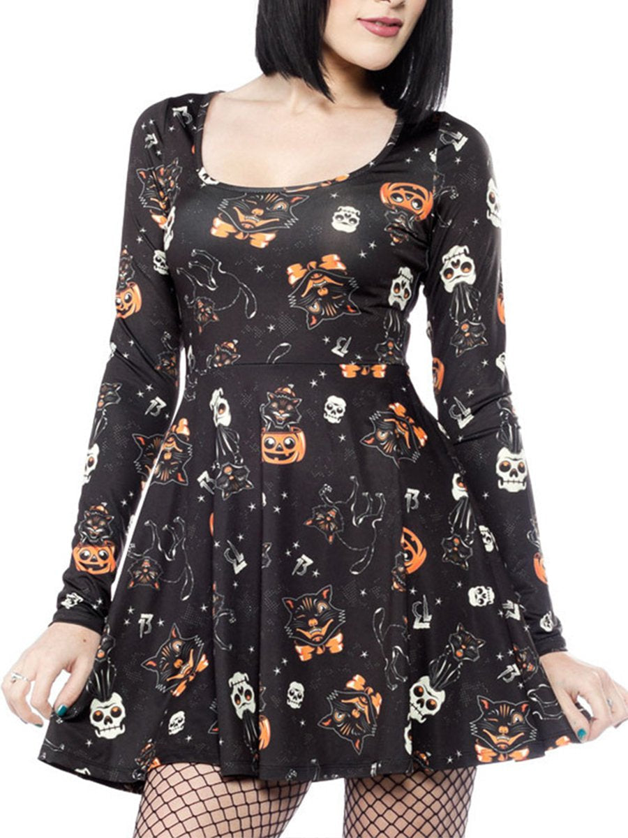 Vampire Sexy Halloween Print Long Sleeve Skater Dress