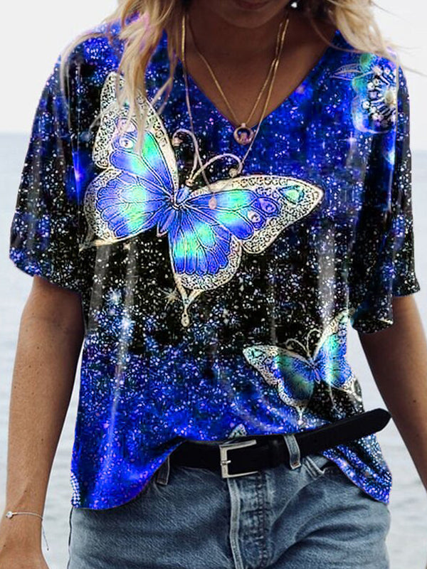 Casual v neck butterfly printed chic women short sleeve T-shirts