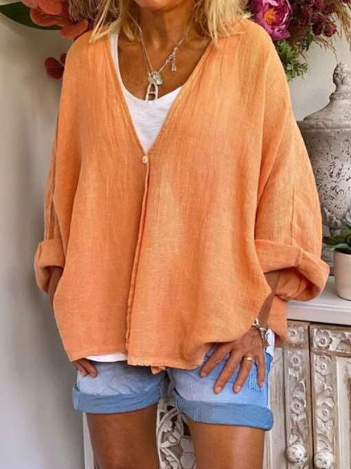 Casual Loose Plus Pure V neck Long sleeve Blouses