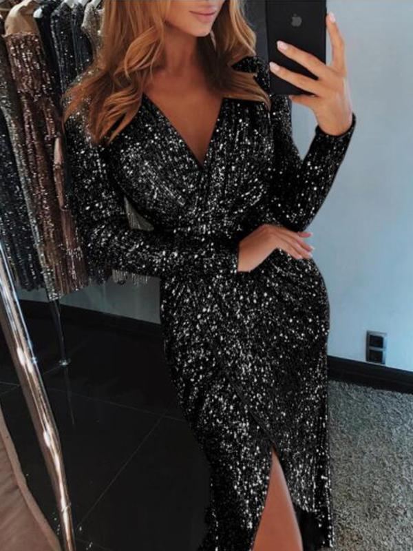 V Neck Sexy Long Sleeve Shine Woman Long Evening Dress