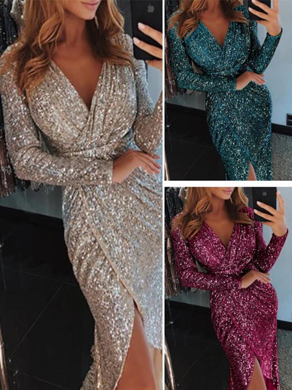 V Neck Sexy Long Sleeve Shine Woman Long Evening Dress