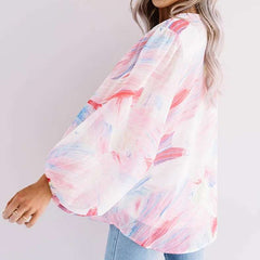 Casual Loose Print V neck Long sleeve T-Shirts