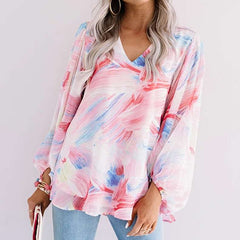 Casual Loose Print V neck Long sleeve T-Shirts