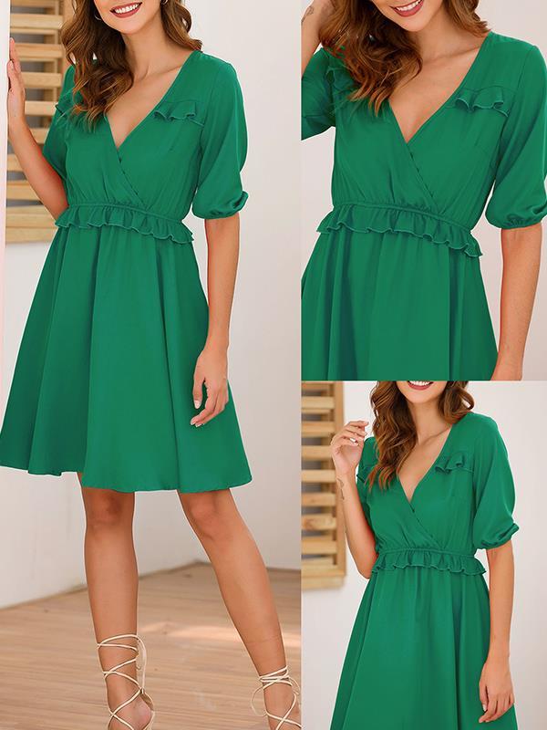 Slim sweet plain short sleeve v neck skater dresses