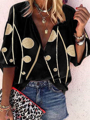Casual Loose Print V neck Long sleeve Blouses