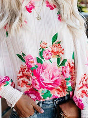 White Crew Neck Printed Floral Long Sleeve Shirts & Tops