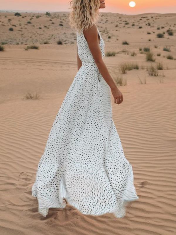 Sexy v-neck polka printed sleveless beach vacation dresses