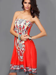 Sexy Bohemia Floral Strapless Elastic Waist A Line Mini Dress