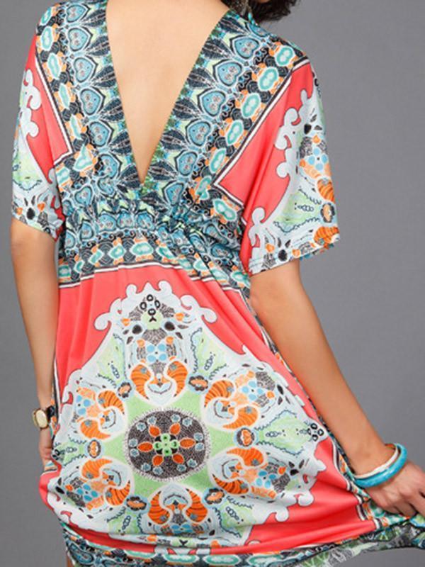 Beautiful Bohemia Floral Print Short Sleeve V Neck Mini Dress