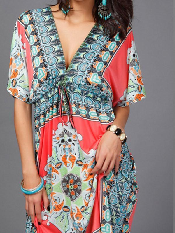 Beautiful Bohemia Floral Print Short Sleeve V Neck Mini Dress