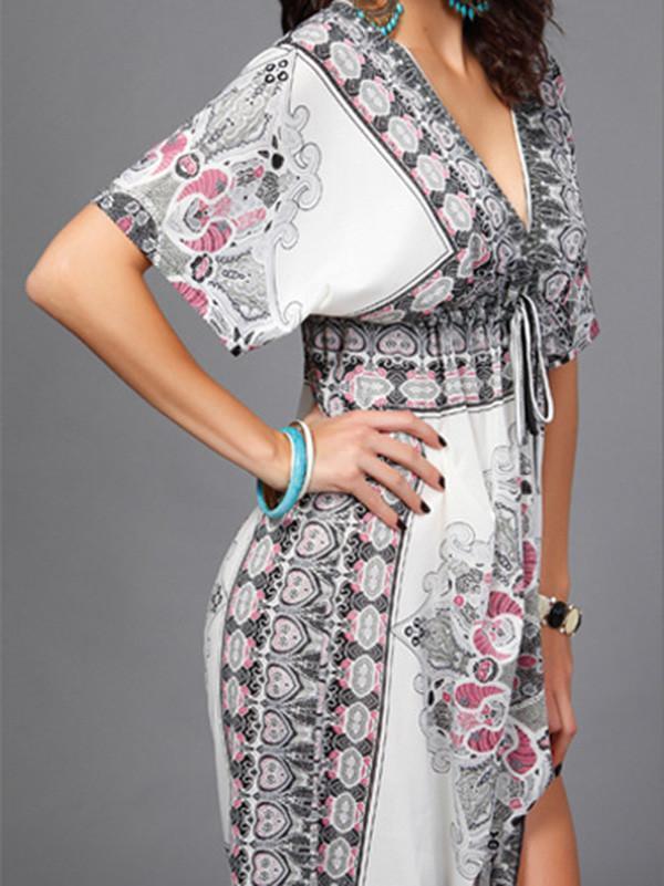 Beautiful Bohemia Floral Print Short Sleeve V Neck Mini Dress