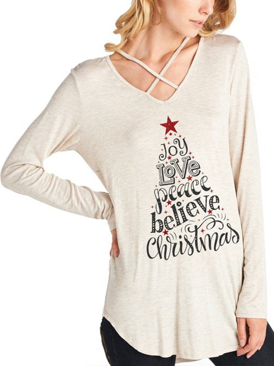 V Neck Tie Woman Long Sleeve Christmas Printed T-shirts