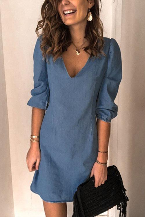 Casual V Neck Elastic Cuff Sleeve Mini Shift Dresses