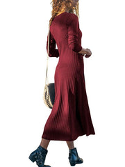 V-Neck Long Sleeve Plain Knit Woman Maxi Dress