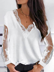 Sexy v neck lace women long sleeve slim blouses