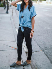 Cotton Women Fashion Tie Turn Down Collar Short Sleeve Blouses