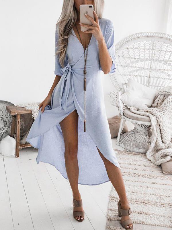 V neck Women Tie Waist Maxi Dresses