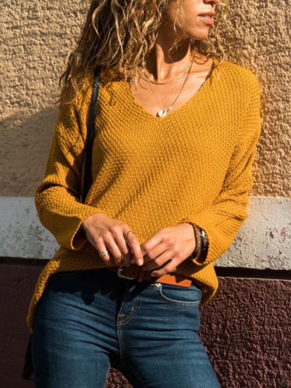 V Neck Plain Fashion Sweaters For Woman