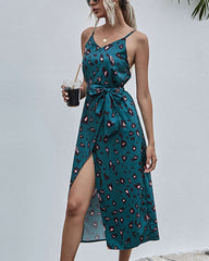 Casual Print V neck Sleeveless Lacing Vest Vent Skater Dresses