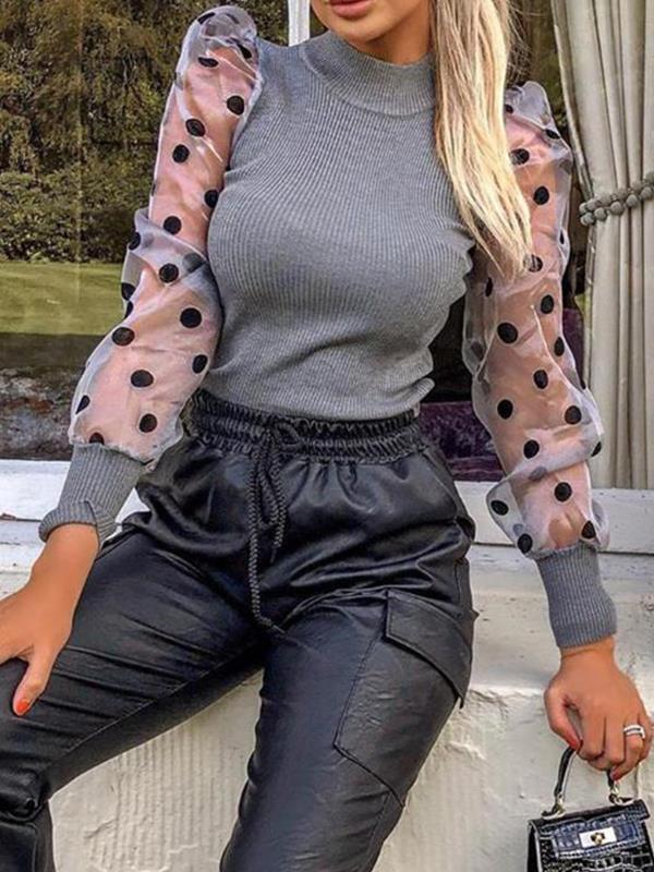 Women chic Polka dot round neck long sleeve blouses