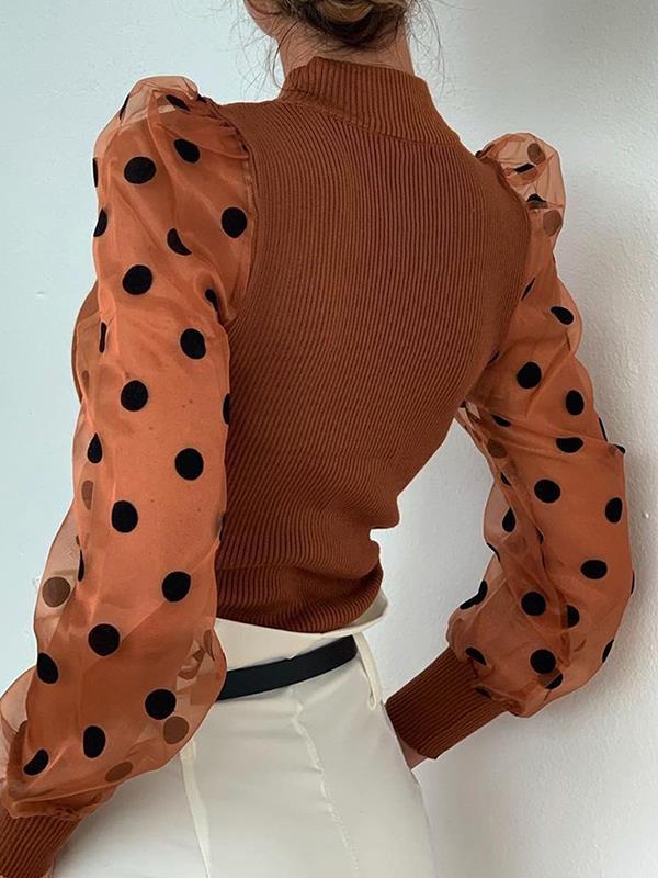 Women chic Polka dot round neck long sleeve blouses