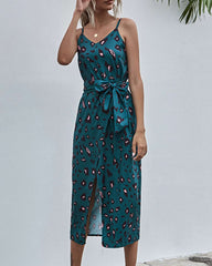 Casual Print V neck Sleeveless Lacing Vest Vent Skater Dresses