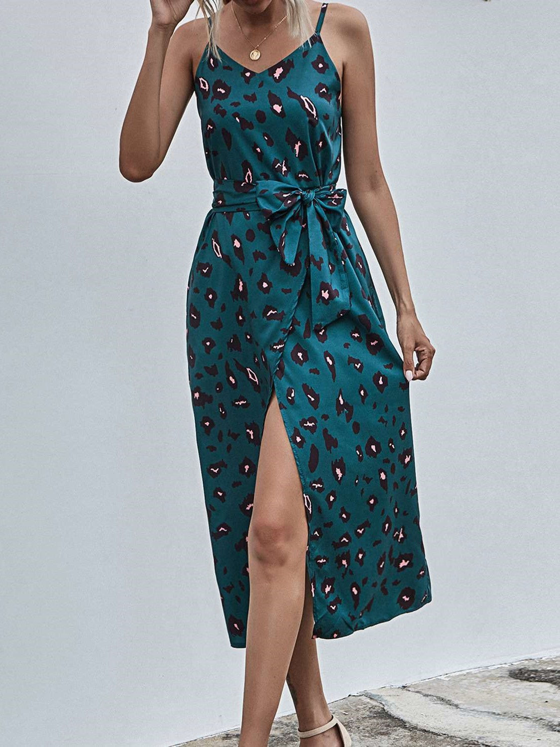 Casual Print V neck Sleeveless Lacing Vest Vent Skater Dresses