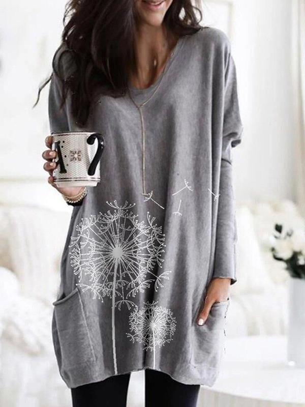 Round neck printed long sleeve blouse shirts