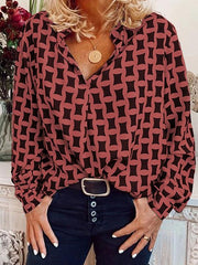 Fashion printed women v neck long sleeve shirts blouses
