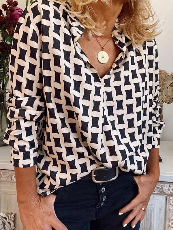 Fashion printed women v neck long sleeve shirts blouses