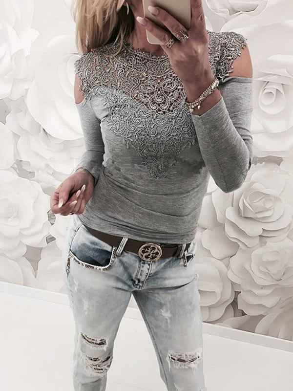 Round Neck Lace Long Sleeve Off Shoulder T-shirts