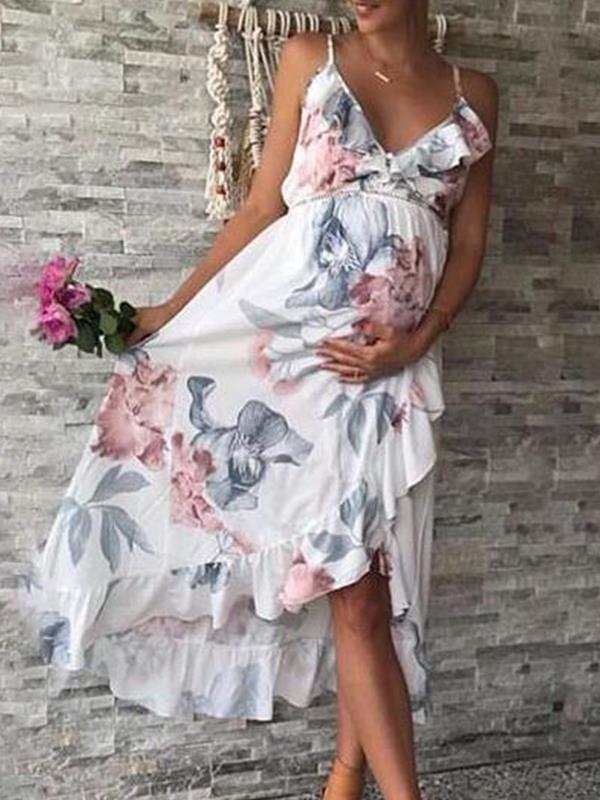 V neck Strap Printed Women Pregnant Women Chiffon Summer Shift Dresses