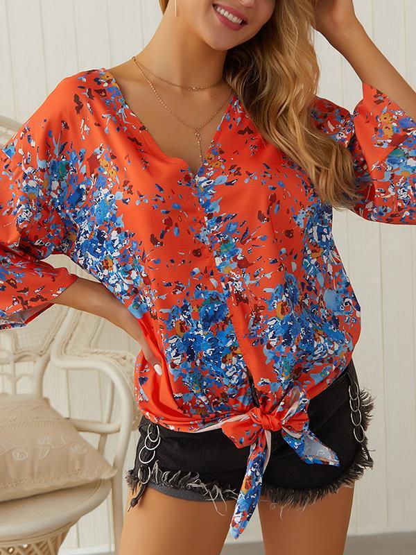 Chic V neck Women street style floral printed T-shirts