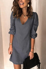 Casual V Neck Elastic Cuff Sleeve Mini Shift Dresses