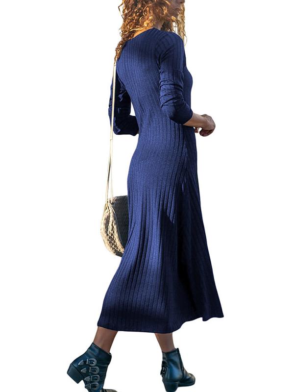 V-Neck Long Sleeve Plain Knit Woman Maxi Dress