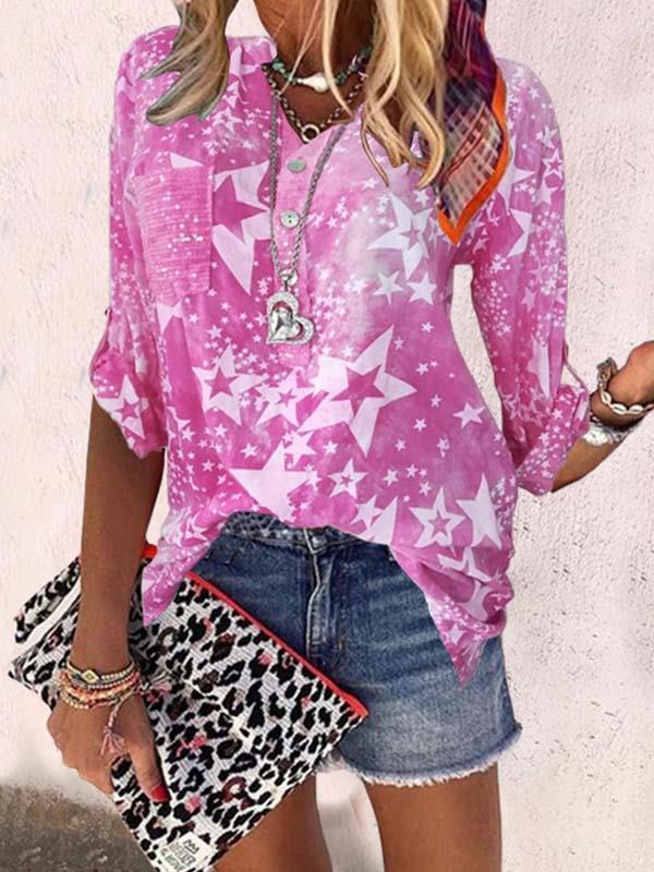 Star printed stand collar woman blouses